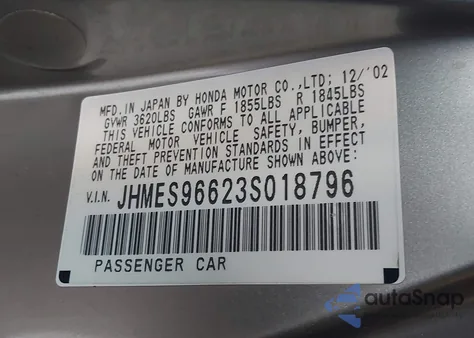 2003 Honda Civic Hybrid из США, поврежденный, VIN JHMES96623S018796